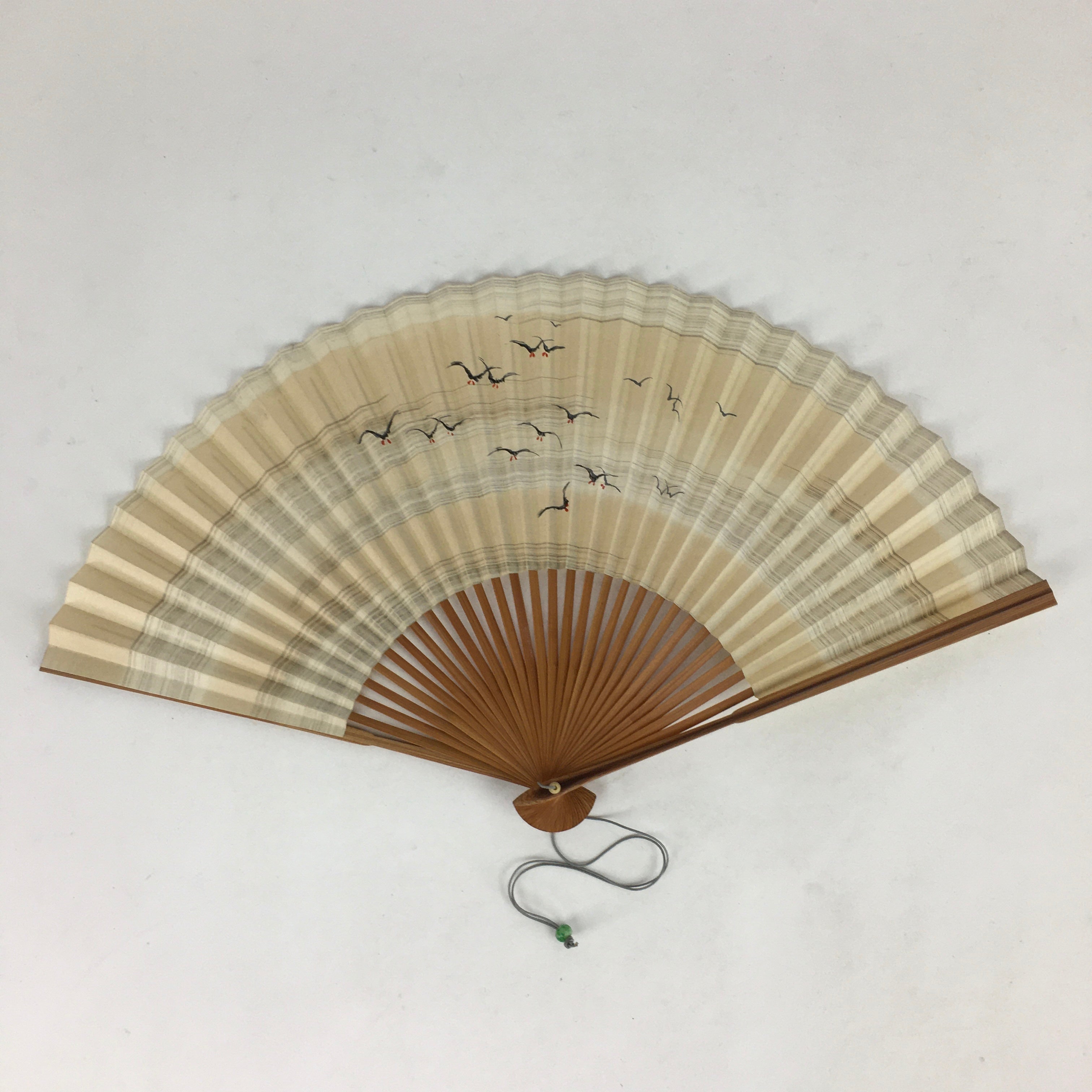 Japanese Folding Fan Vtg Sensu Bamboo Frame Paper Black Birds 4D590