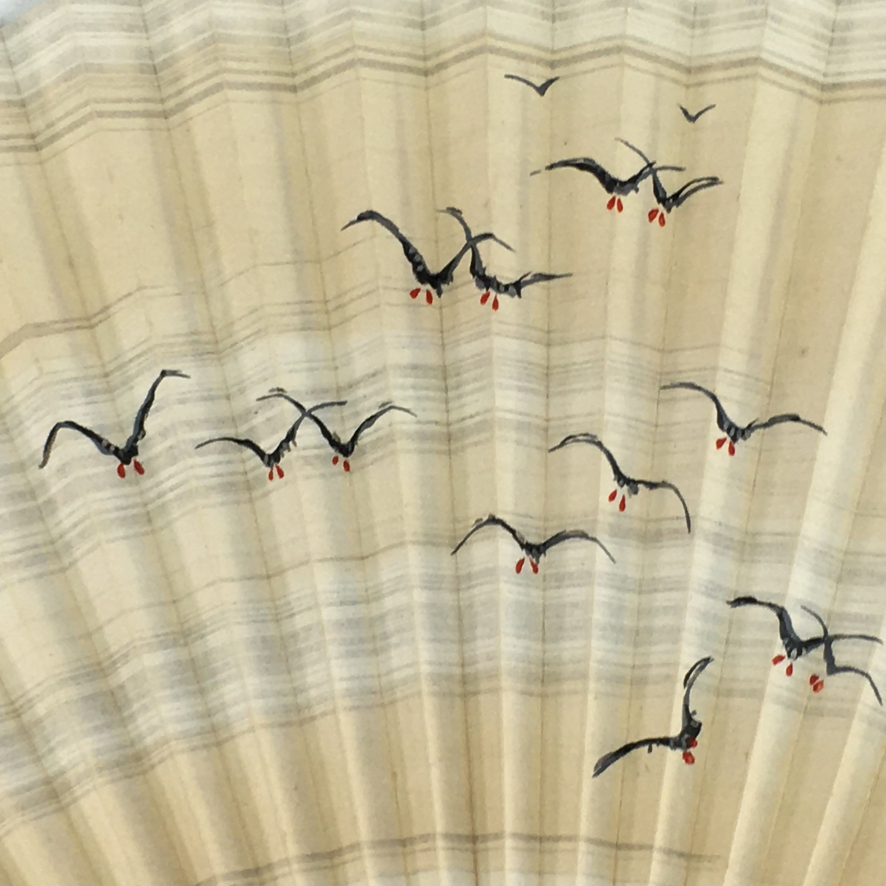 Japanese Folding Fan Vtg Sensu Bamboo Frame Paper Black Birds 4D615