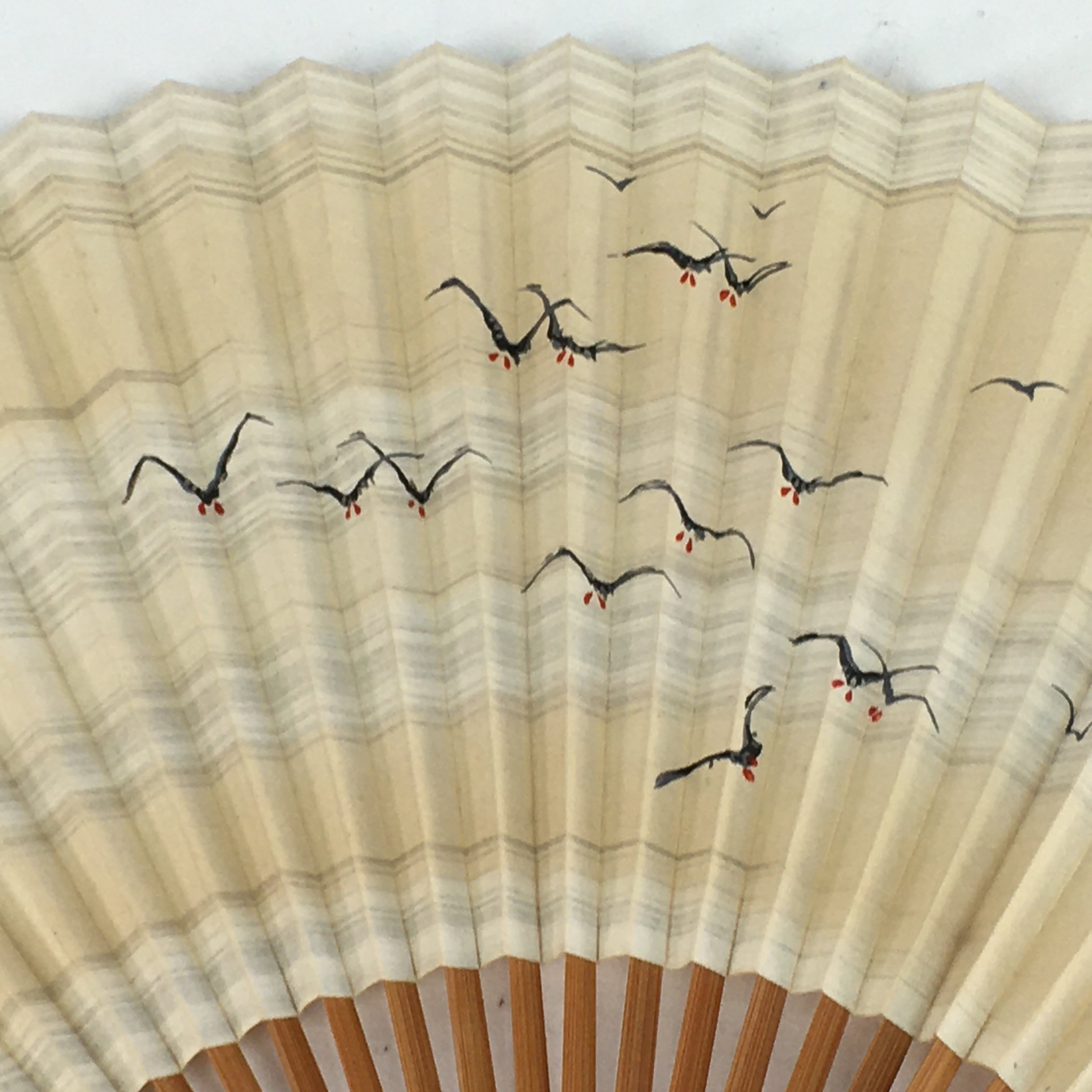 Japanese Folding Fan Vtg Sensu Bamboo Frame Paper Black Birds 4D615