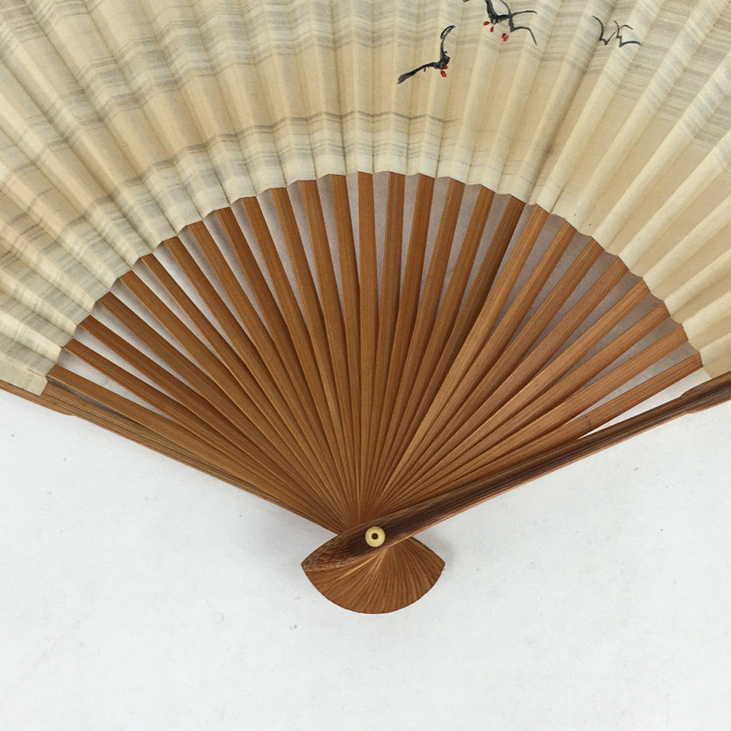 Japanese Folding Fan Vtg Sensu Bamboo Frame Paper Black Birds 4D615