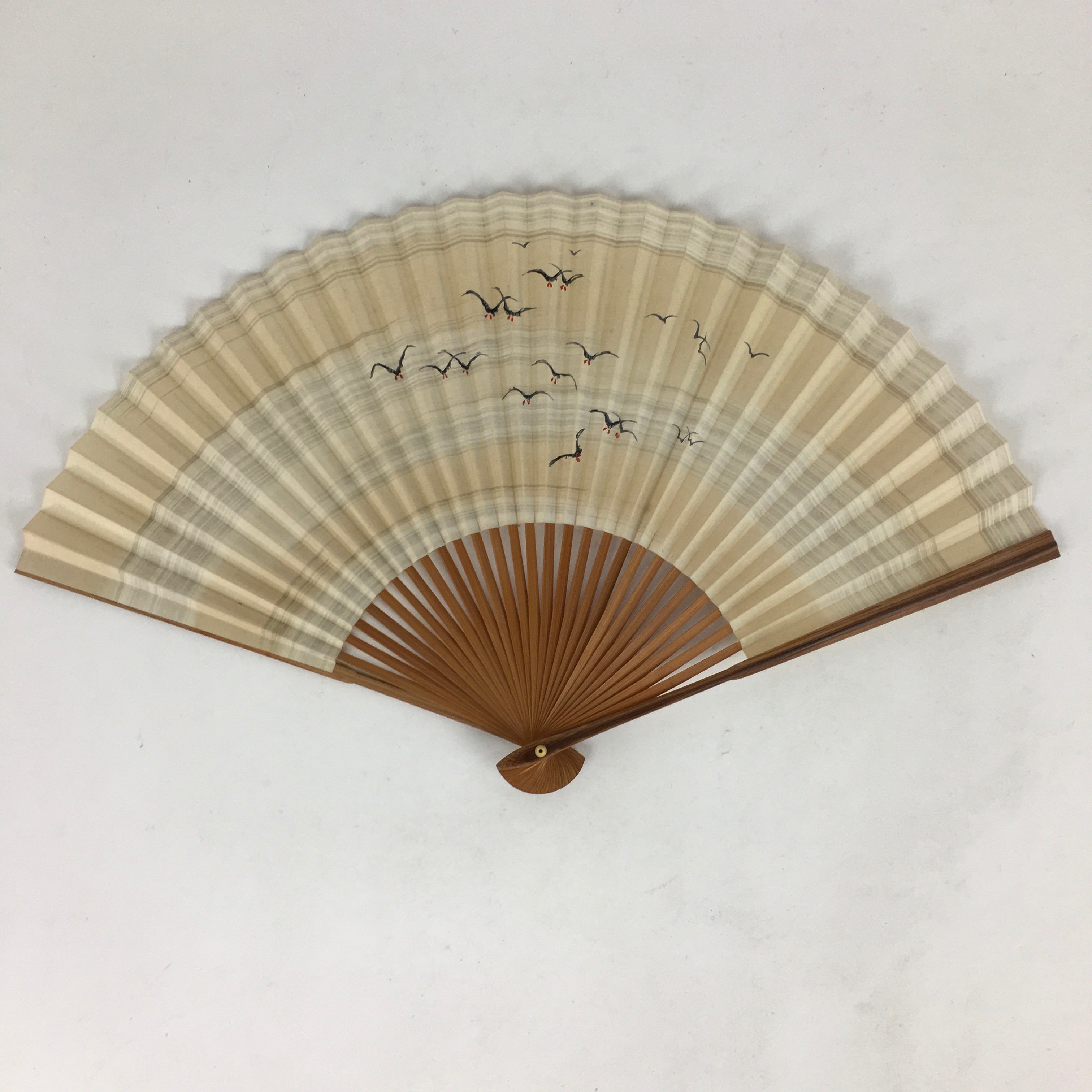 Japanese Folding Fan Vtg Sensu Bamboo Frame Paper Black Birds 4D615