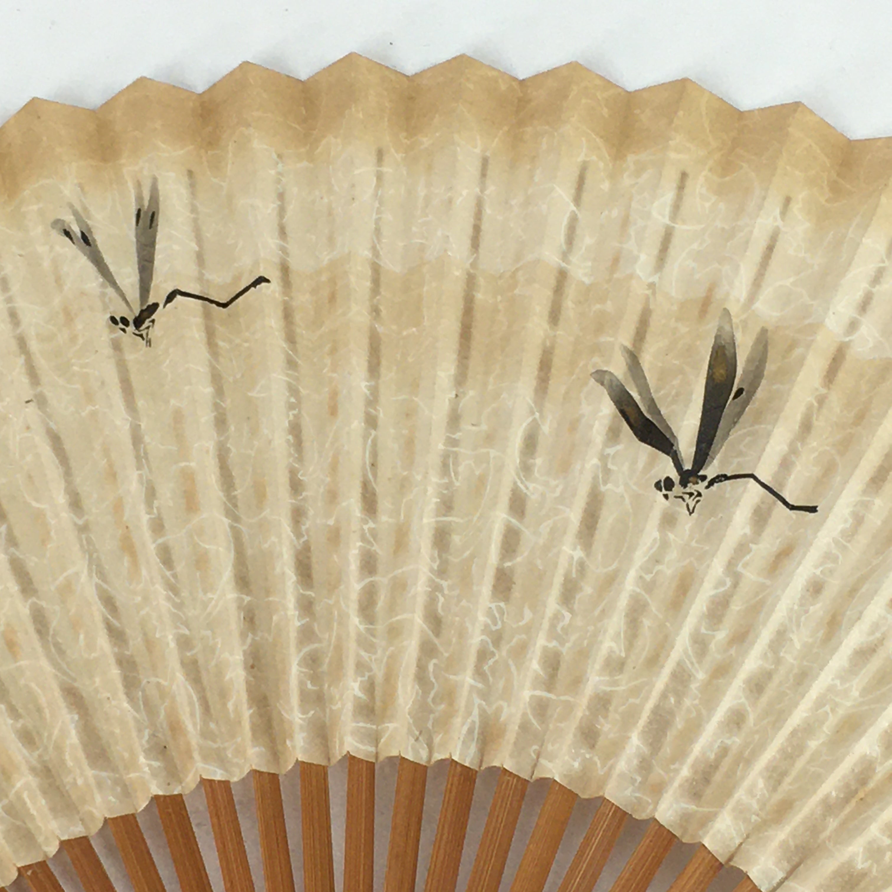 Japanese Folding Fan Vtg Sensu Bamboo Frame Paper Black Dragonfly 4D588