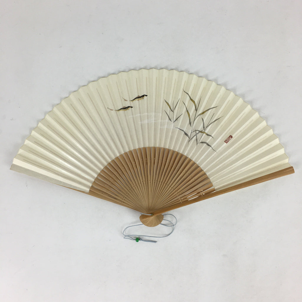 Japanese Folding Fan Vtg Sensu Bamboo Frame Paper Freshwater Trout 4D603