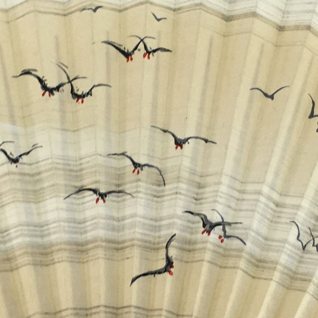 Japanese Folding Fan Vtg Sensu Bamboo Frame Paper Gold Black Birds 4D577
