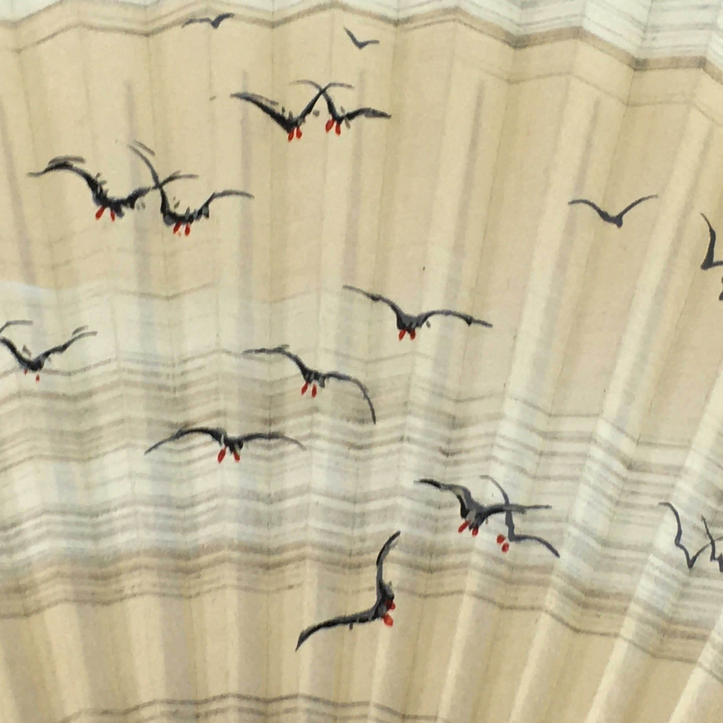 Japanese Folding Fan Vtg Sensu Bamboo Frame Paper Gold Black Birds 4D577