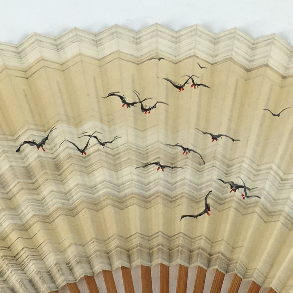Japanese Folding Fan Vtg Sensu Bamboo Frame Paper Gold Black Birds 4D577