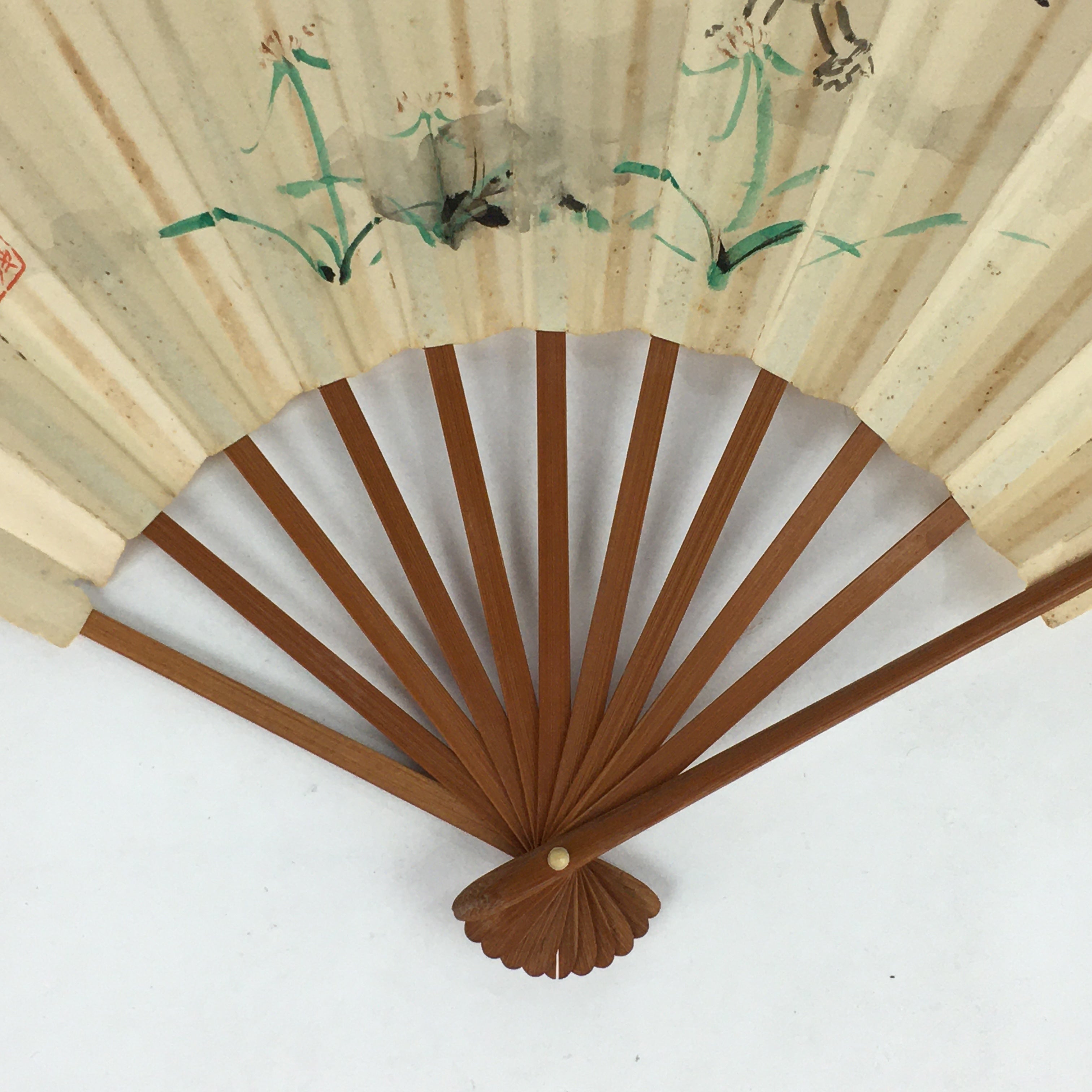 Japanese Folding Fan Vtg Sensu Bamboo Frame Paper Kimono Boy 4D624