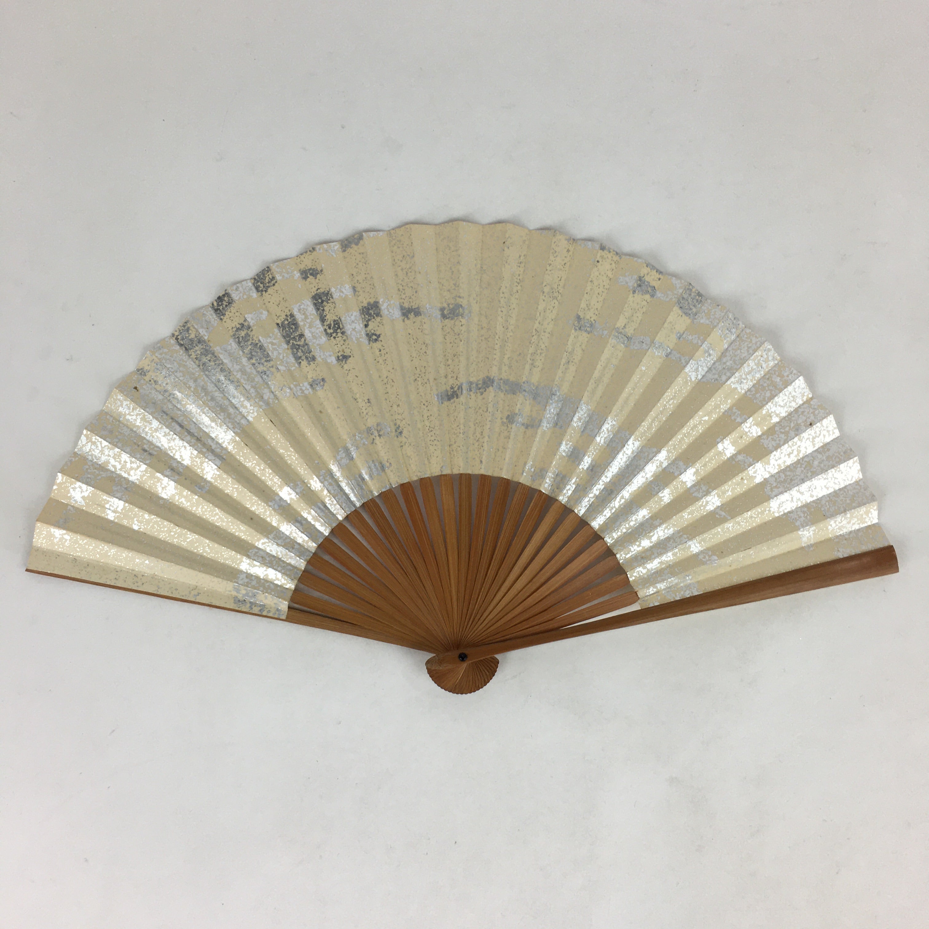 Japanese Folding Fan Vtg Sensu Bamboo Frame Paper Silver Glitter 4D594