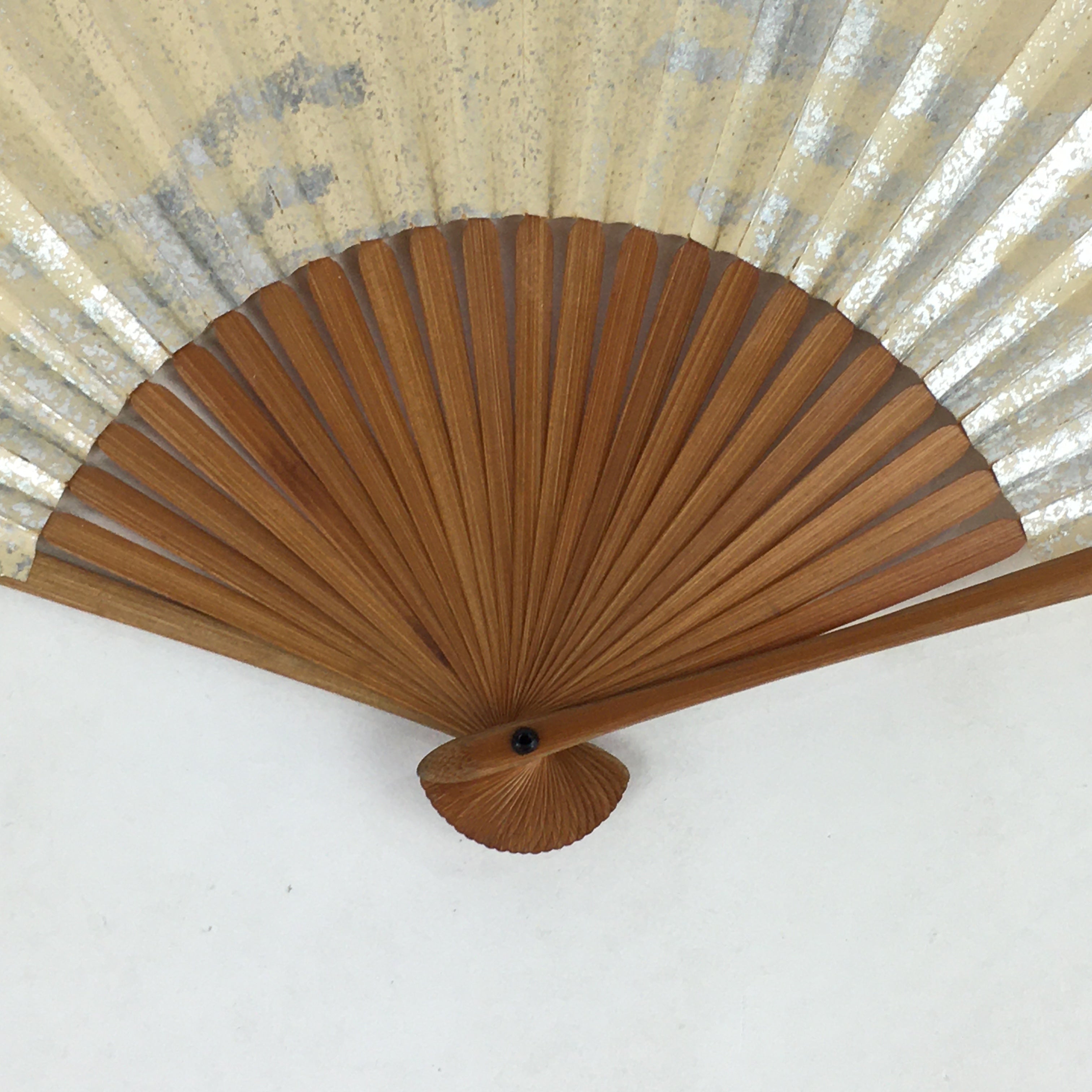 Japanese Folding Fan Vtg Sensu Bamboo Frame Paper Silver Glitter 4D598