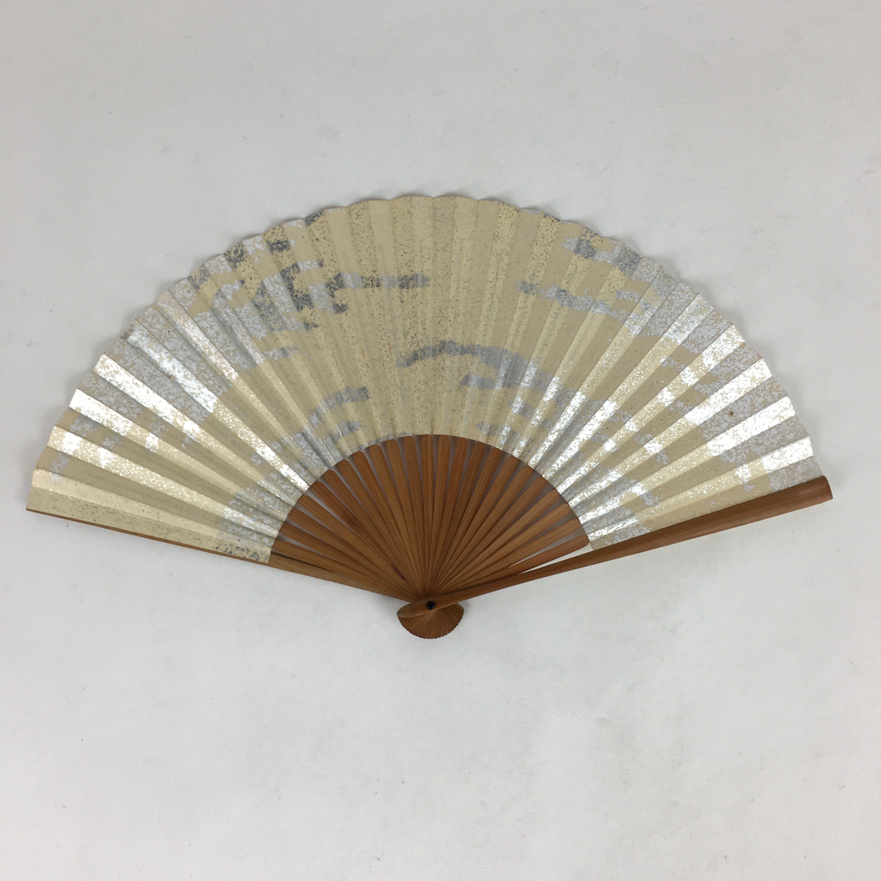 Japanese Folding Fan Vtg Sensu Bamboo Frame Paper Silver Glitter 4D598