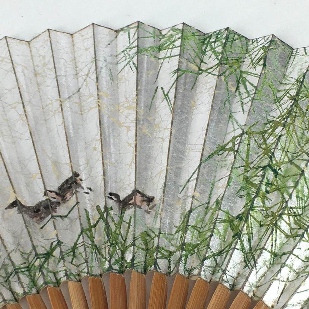 Japanese Folding Fan Vtg Sensu Bamboo Frame Silver Paper Birds 4D614
