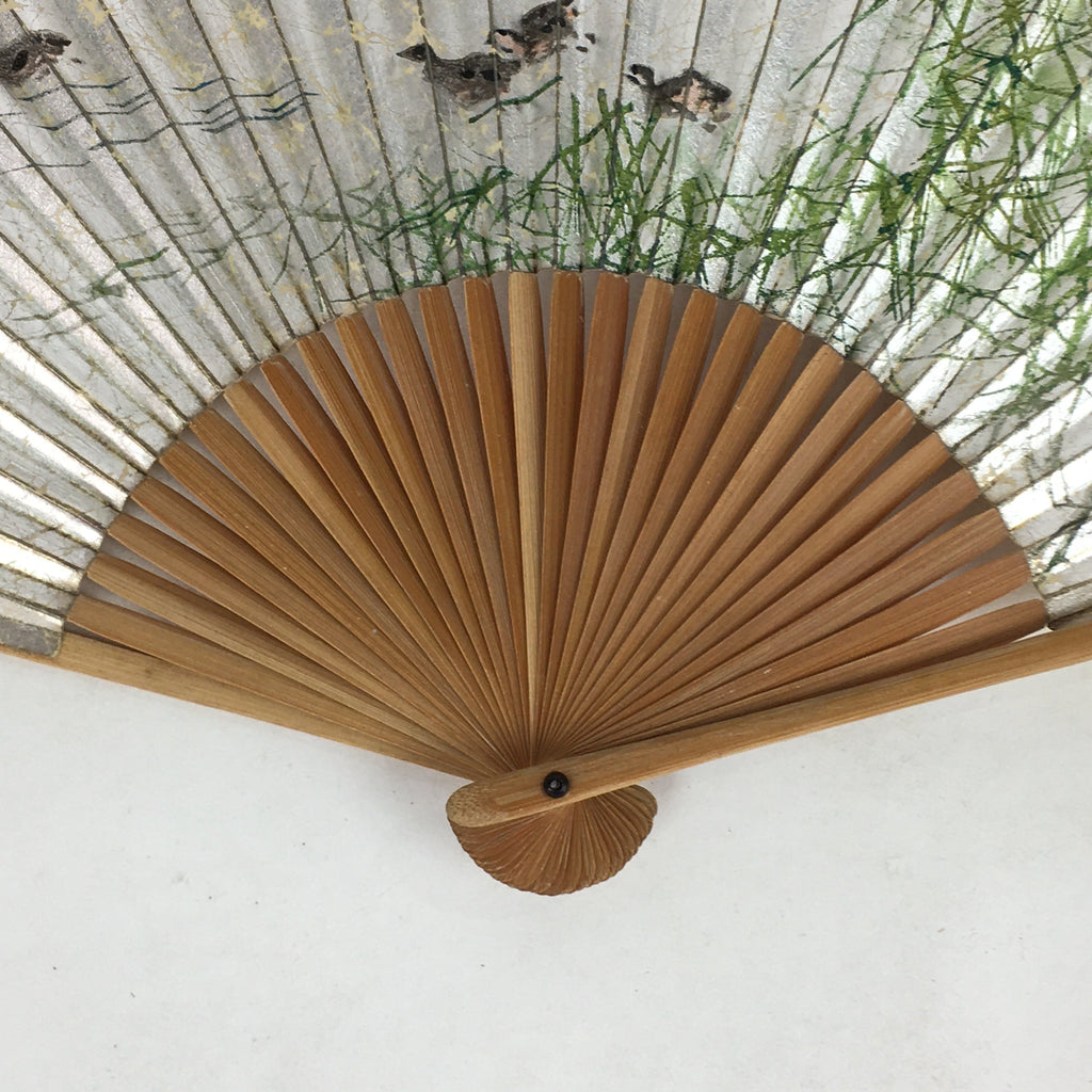 Japanese Folding Fan Vtg Sensu Bamboo Frame Silver Paper Birds 4D614