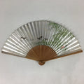 Japanese Folding Fan Vtg Sensu Bamboo Frame Silver Paper Birds 4D614