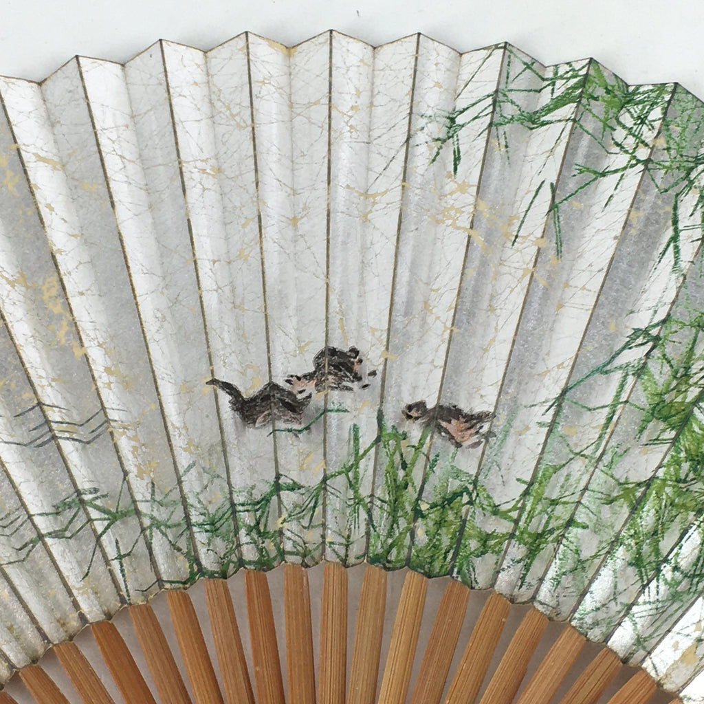 Japanese Folding Fan Vtg Sensu Bamboo Frame Silver Paper Birds 4D616