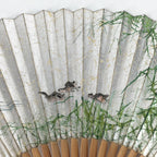 Japanese Folding Fan Vtg Sensu Bamboo Frame Silver Paper Birds 4D617