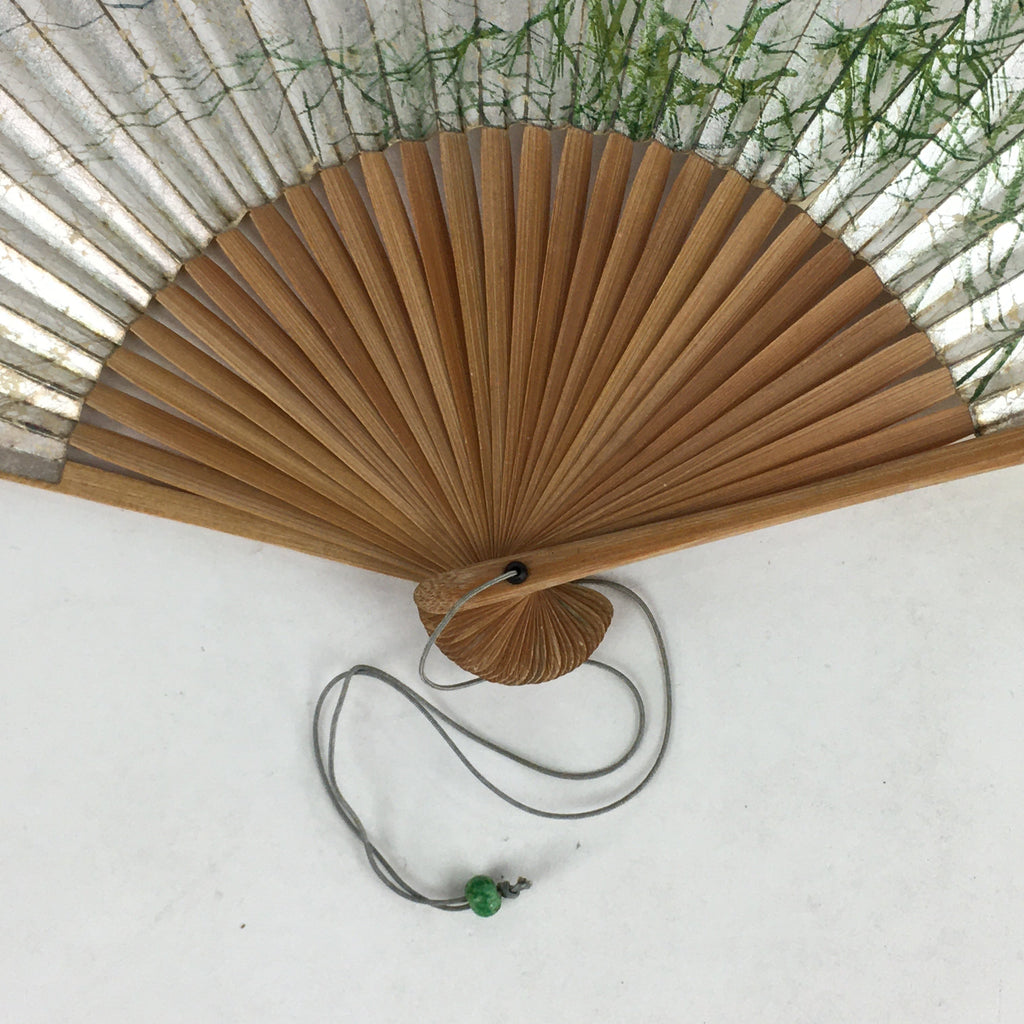 Japanese Folding Fan Vtg Sensu Bamboo Frame Silver Paper Birds 4D617