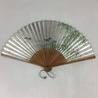 Japanese Folding Fan Vtg Sensu Bamboo Frame Silver Paper Birds 4D617