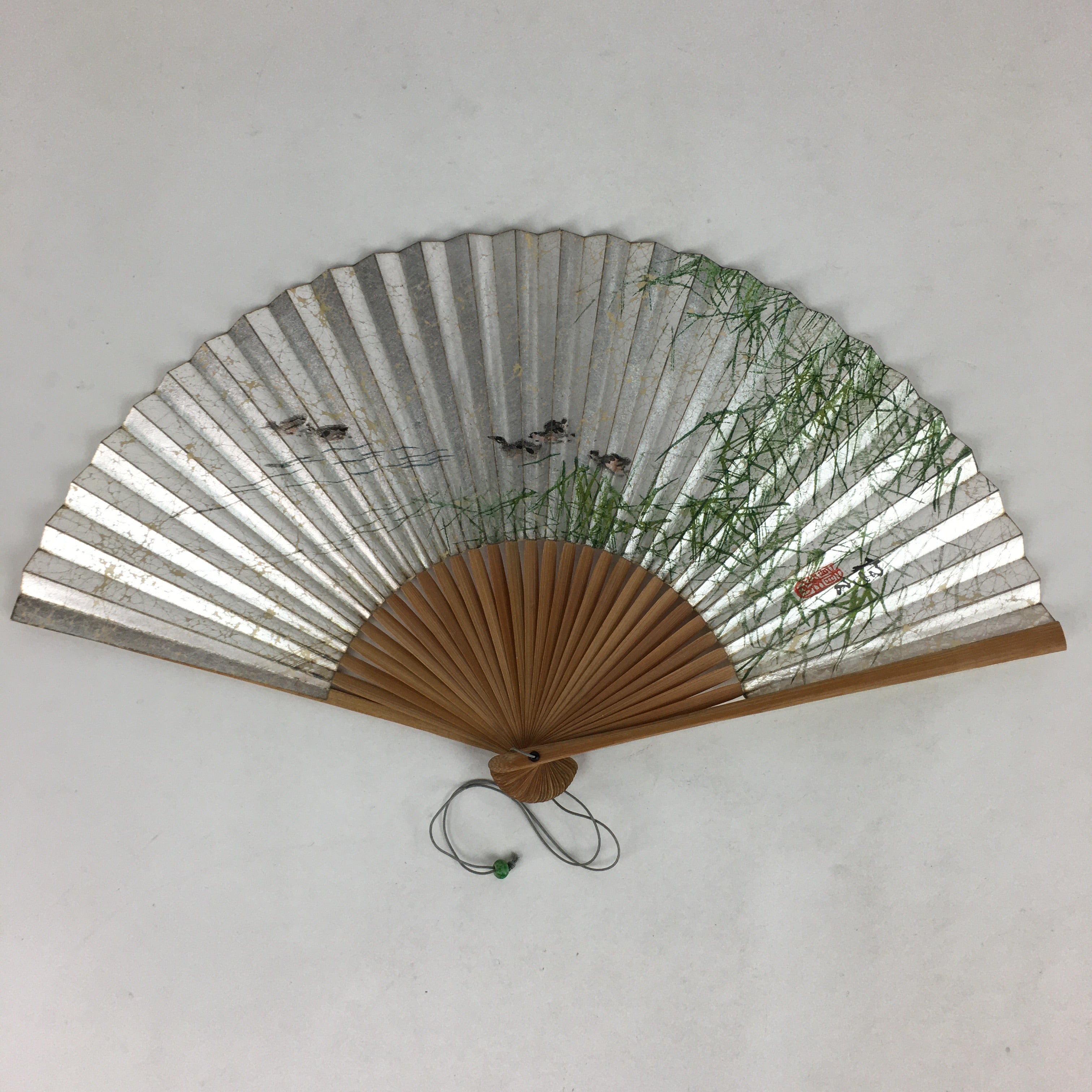 Japanese Folding Fan Vtg Sensu Bamboo Frame Silver Paper Birds 4D617