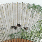 Japanese Folding Fan Vtg Sensu Bamboo Frame Silver Paper Birds 4D618