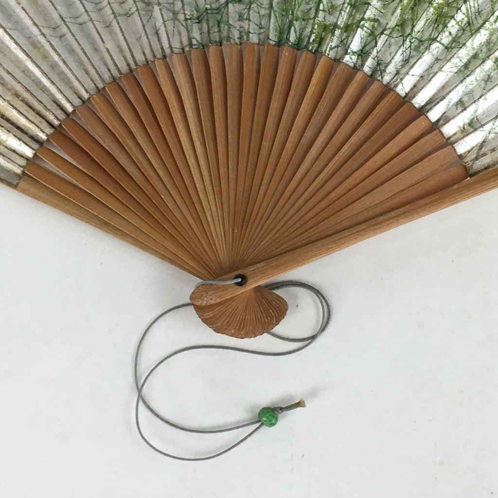 Japanese Folding Fan Vtg Sensu Bamboo Frame Silver Paper Birds 4D618