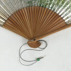 Japanese Folding Fan Vtg Sensu Bamboo Frame Silver Paper Birds 4D618