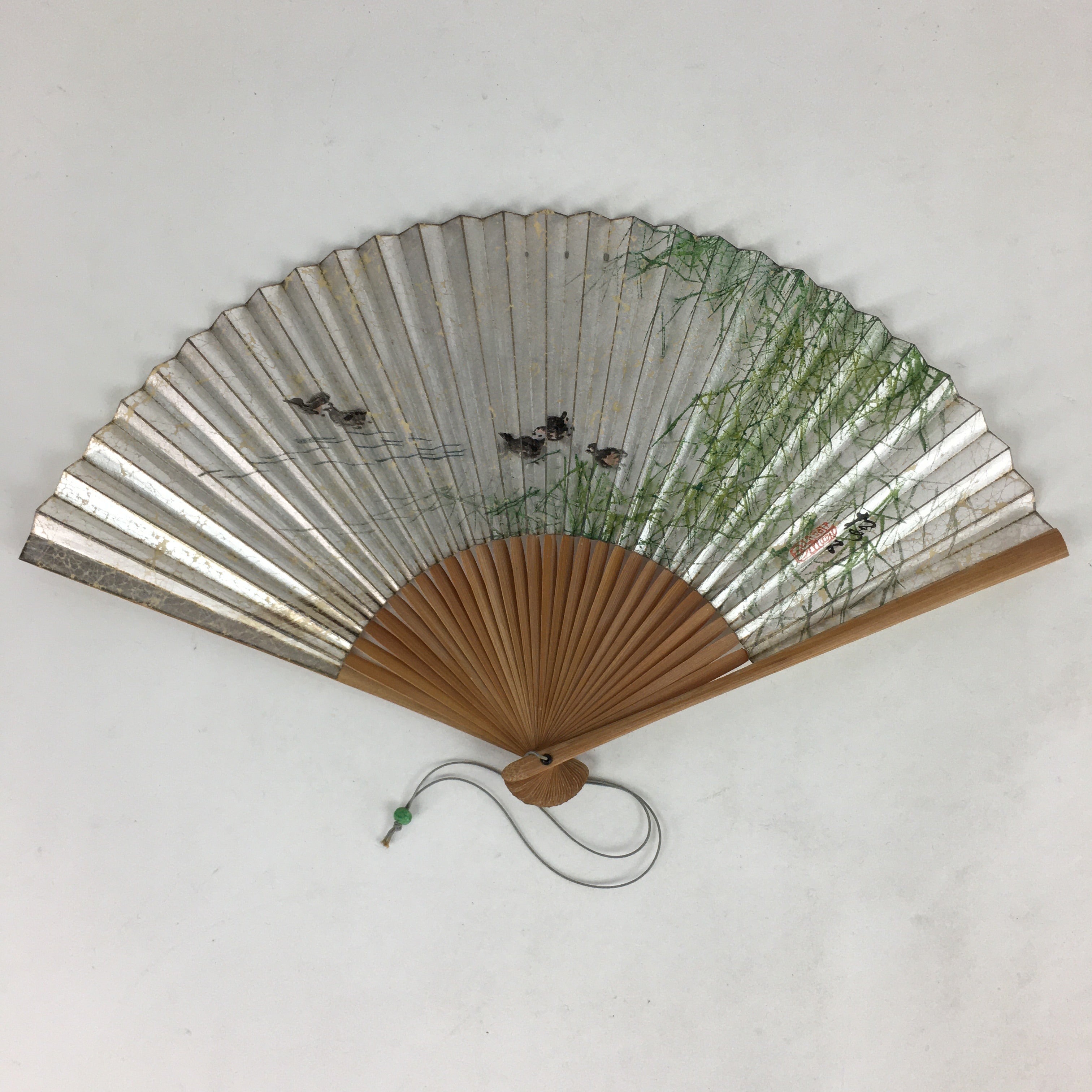 Japanese Folding Fan Vtg Sensu Bamboo Frame Silver Paper Birds 4D618