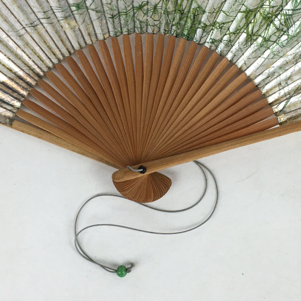 Japanese Folding Fan Vtg Sensu Bamboo Frame Silver Paper Birds 4D619