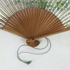 Japanese Folding Fan Vtg Sensu Bamboo Frame Silver Paper Birds 4D619
