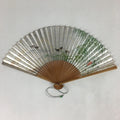 Japanese Folding Fan Vtg Sensu Bamboo Frame Silver Paper Birds 4D619