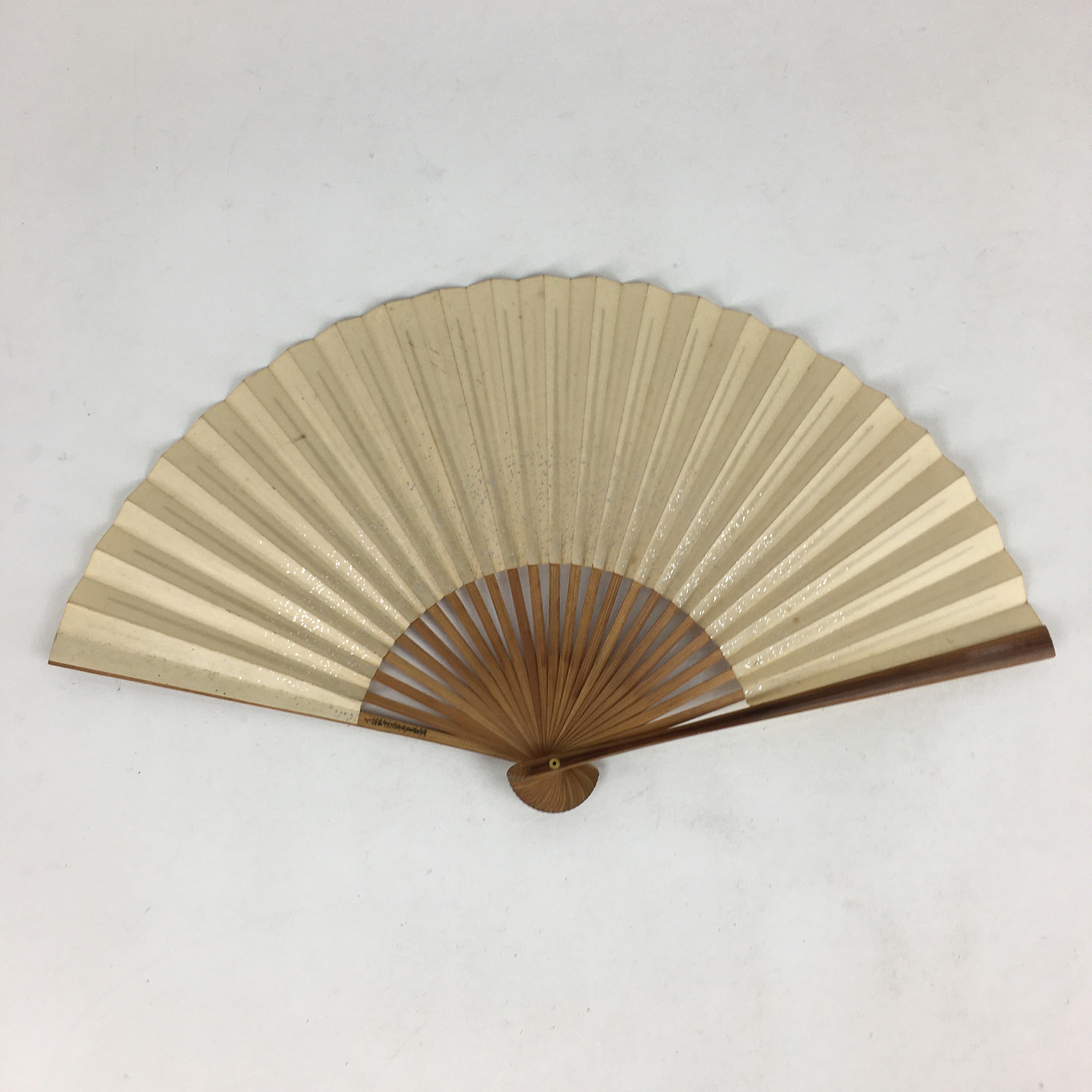 Japanese Folding Fan Vtg Sensu Bamboo Frame Yellow Paper Lines Plant 4D580