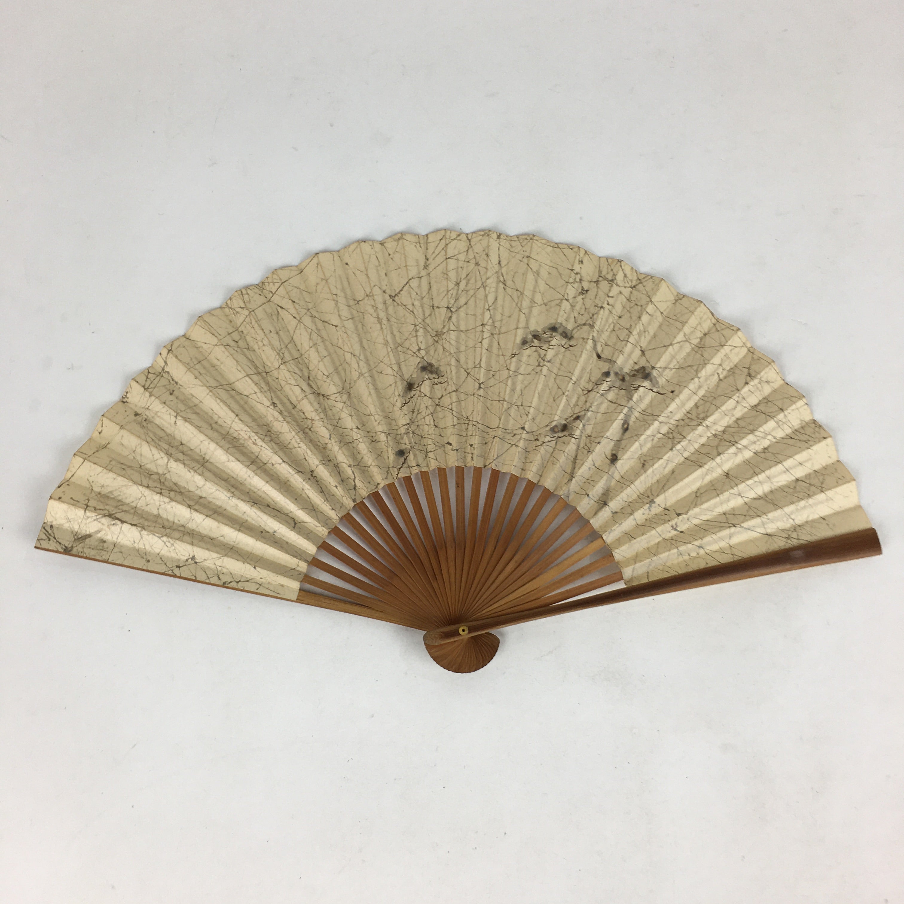Japanese Folding Fan Vtg Sensu Bamboo Frame Yellow Paper Lines Plant 4D580