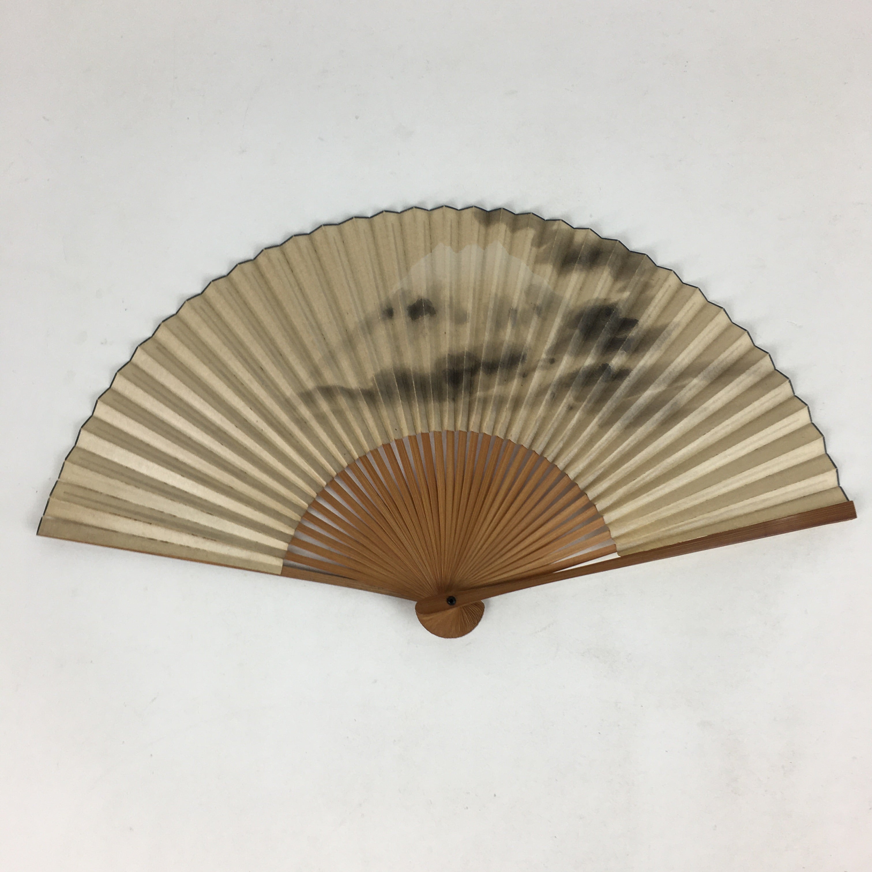 Japanese Folding Fan Vtg Sensu Bamboo Frame Yellow Paper Mountain 4D581