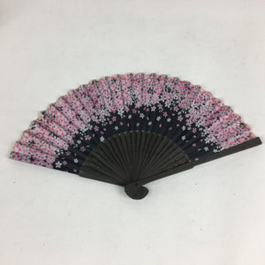 Japanese Folding Fan Vtg Sensu Black Fabric Bamboo Frame Cherry Blossom 4D546