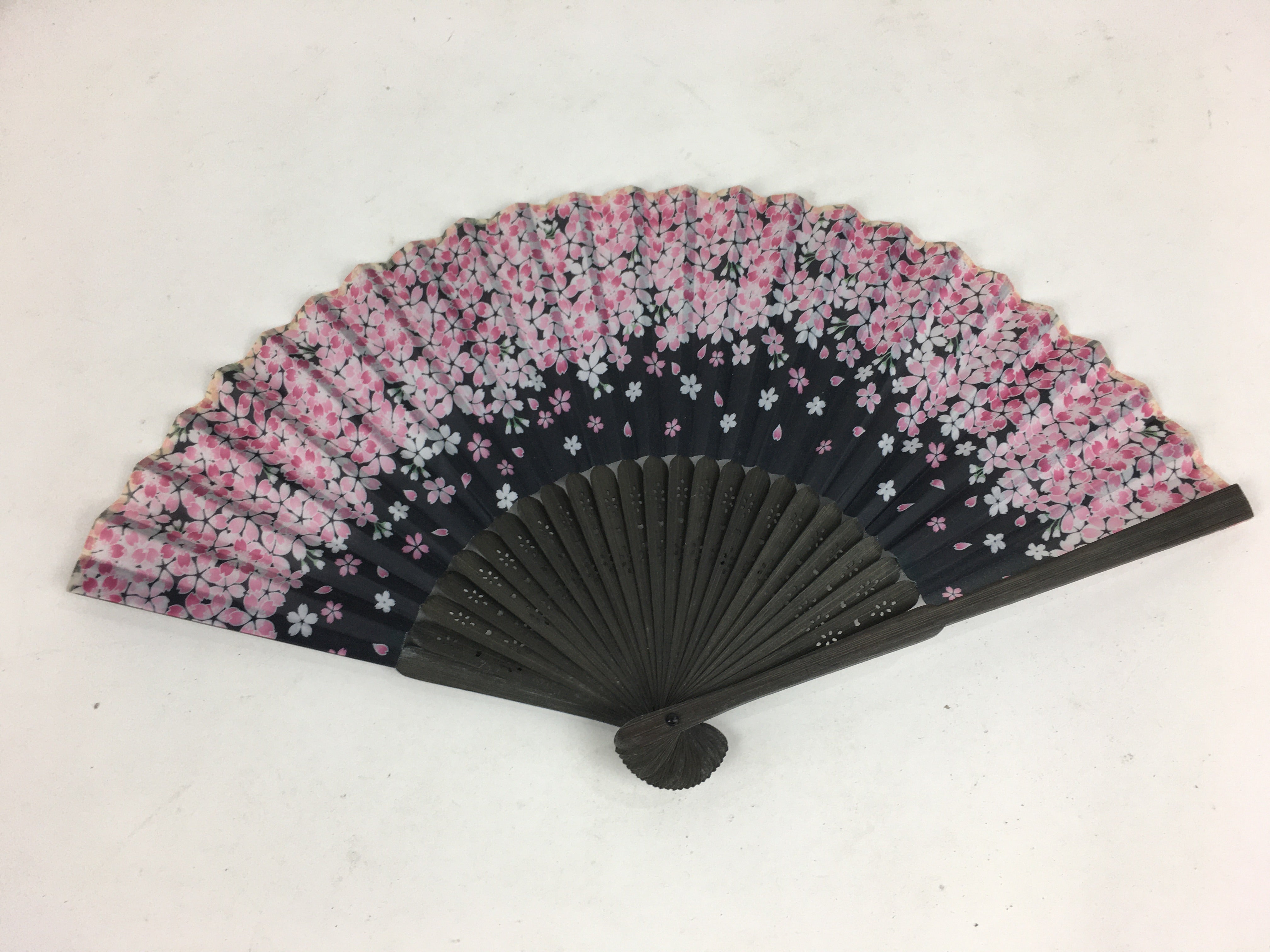 Japanese Folding Fan Vtg Sensu Black Fabric Bamboo Frame Cherry Blossom 4D546