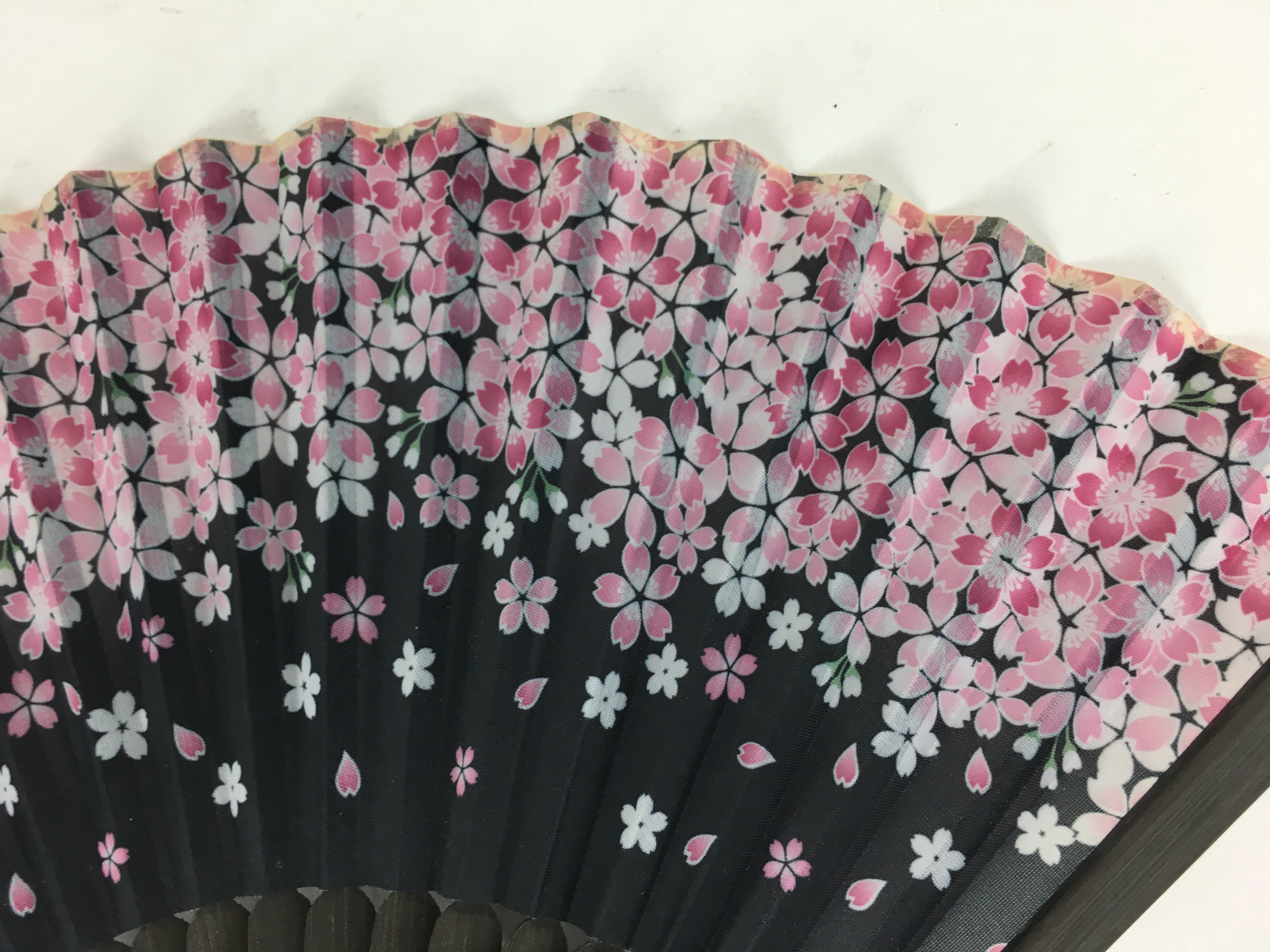 Japanese Folding Fan Vtg Sensu Black Fabric Bamboo Frame Cherry Blossom 4D546