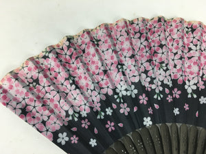 Japanese Folding Fan Vtg Sensu Black Fabric Bamboo Frame Cherry Blossom 4D546