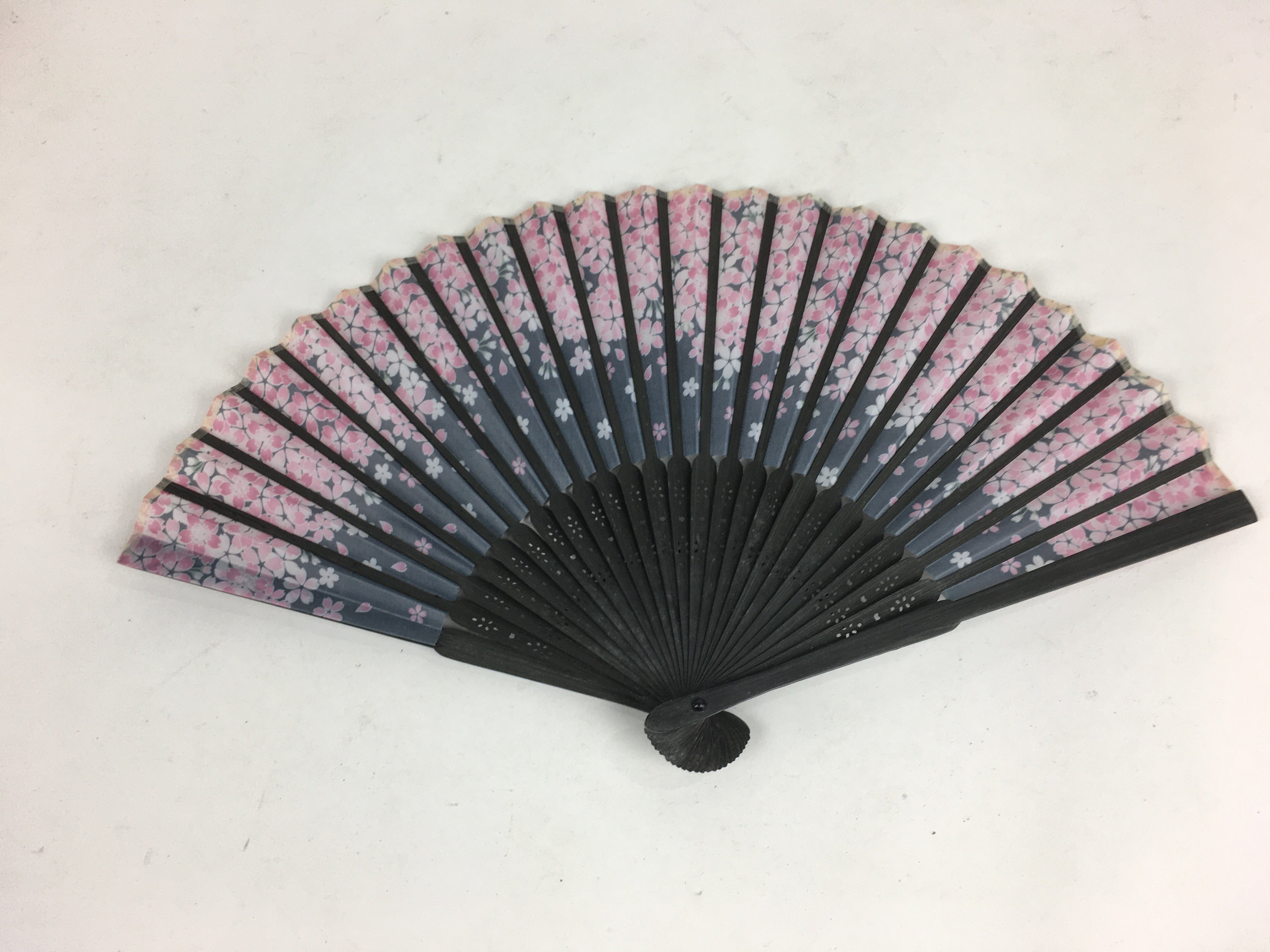 Japanese Folding Fan Vtg Sensu Black Fabric Bamboo Frame Cherry Blossom 4D546