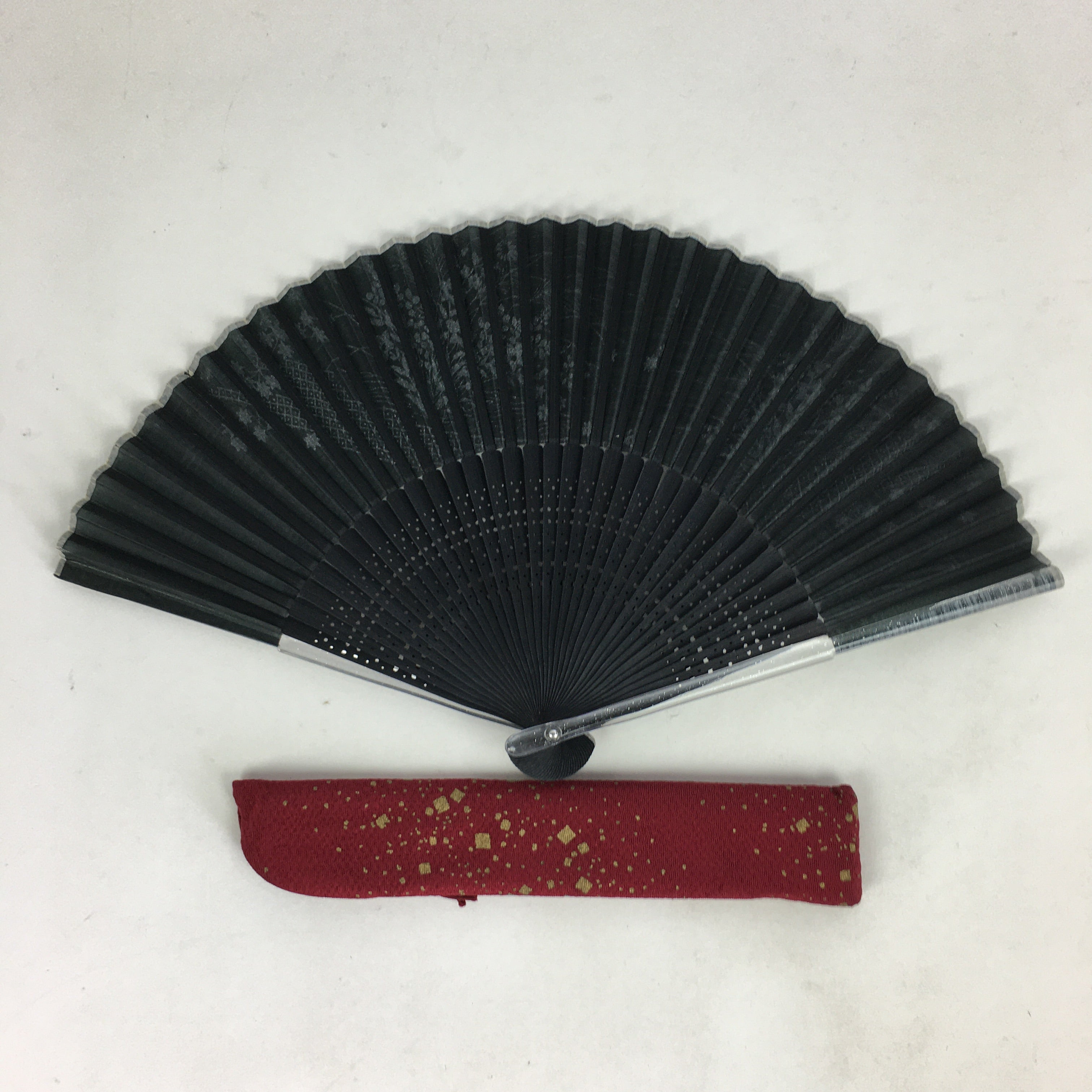 Japanese Folding Fan Vtg Sensu Black Fabric Bamboo Resin Frame 4D561