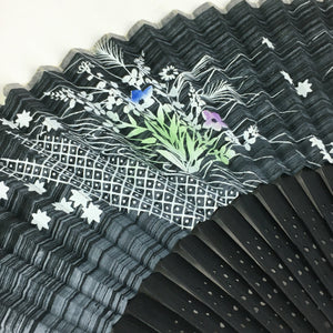 Japanese Folding Fan Vtg Sensu Black Fabric Bamboo Resin Frame 4D561