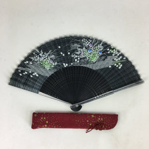 Japanese Folding Fan Vtg Sensu Black Fabric Bamboo Resin Frame 4D561