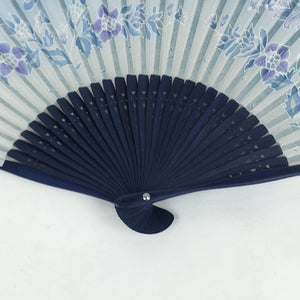 Japanese Folding Fan Vtg Sensu Blue Bamboo Frame Blue Fabric Flower 4D570