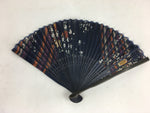 Japanese Folding Fan Vtg Sensu Blue Silk Bamboo Frame Navy Blue Flower 4D530