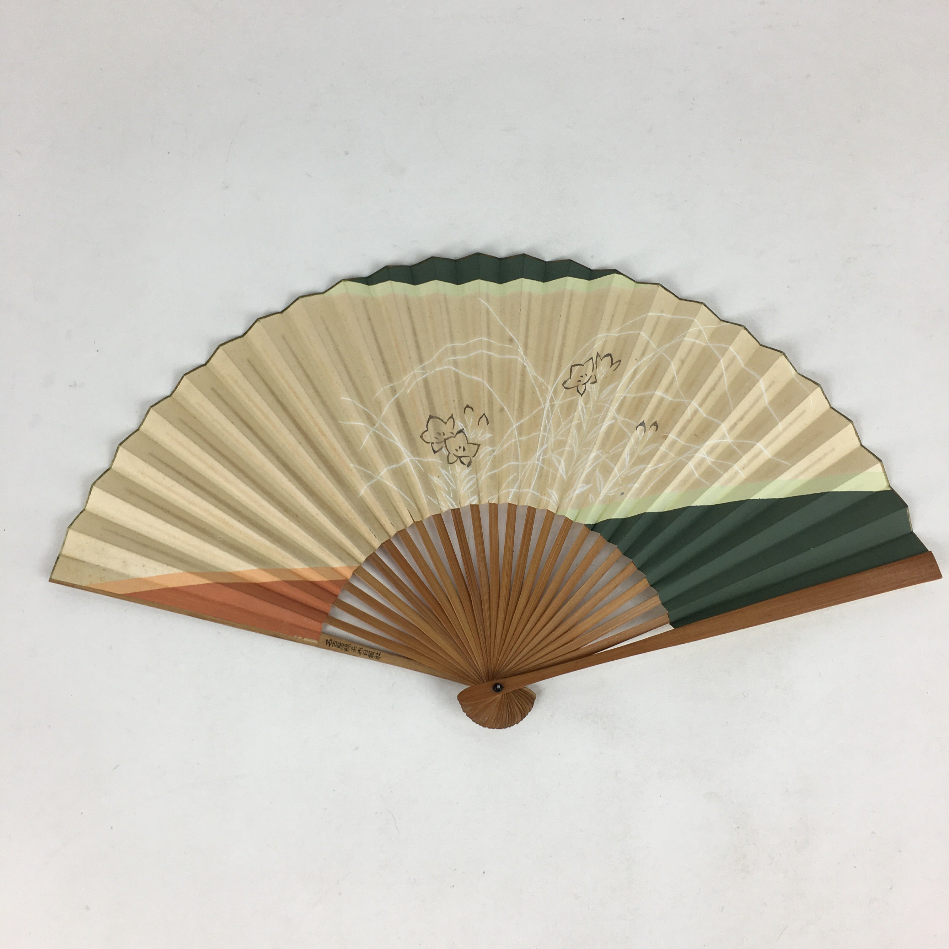 Japanese Folding Fan Vtg Sensu Brown Bamboo Frame Paper Flower 4D573