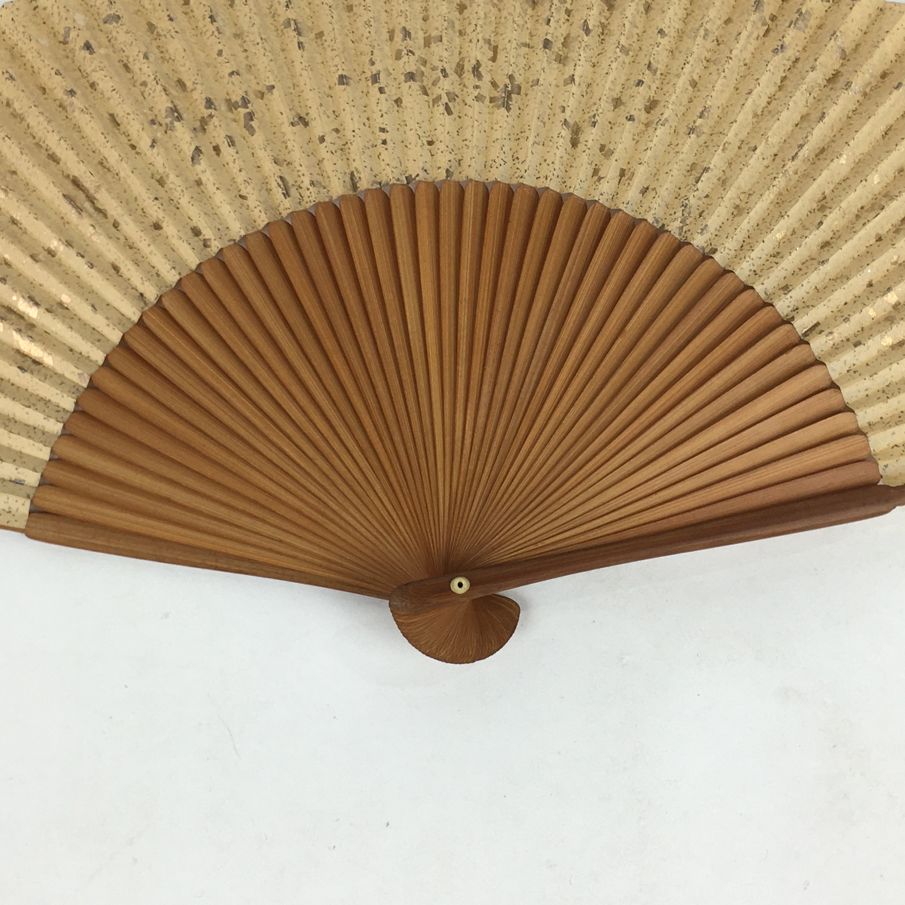 Japanese Folding Fan Vtg Sensu Brown Bamboo Frame Paper Shiny Gold 4D572