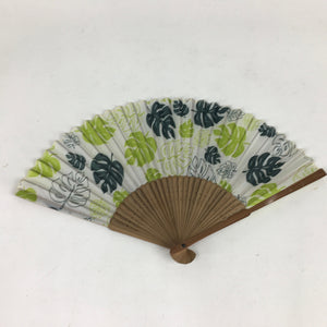 Japanese Folding Fan Vtg Sensu Fabric Bamboo Frame Green Leaves 4D522