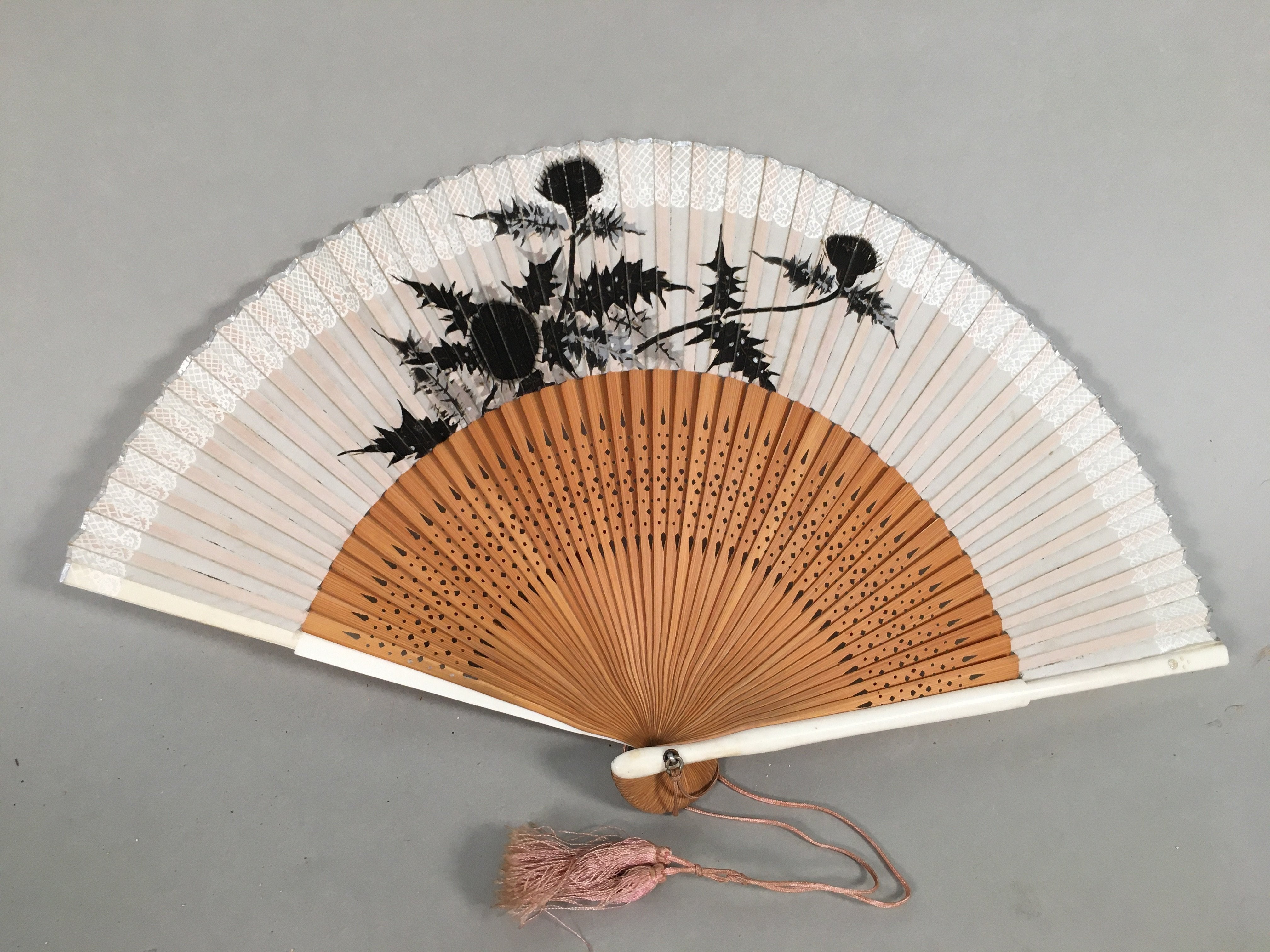 Japanese Folding Fan Vtg Sensu Fabric Wood Frame Thistle Flower Black 4D471