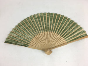 Japanese Folding Fan Vtg Sensu Green Fabric Bamboo Frame White Lines 4D536