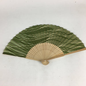 Japanese Folding Fan Vtg Sensu Green Fabric Bamboo Frame White Lines 4D536