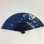 Japanese Folding Fan Vtg Sensu Navy Fabric Bamboo Frame White Flower 4D554