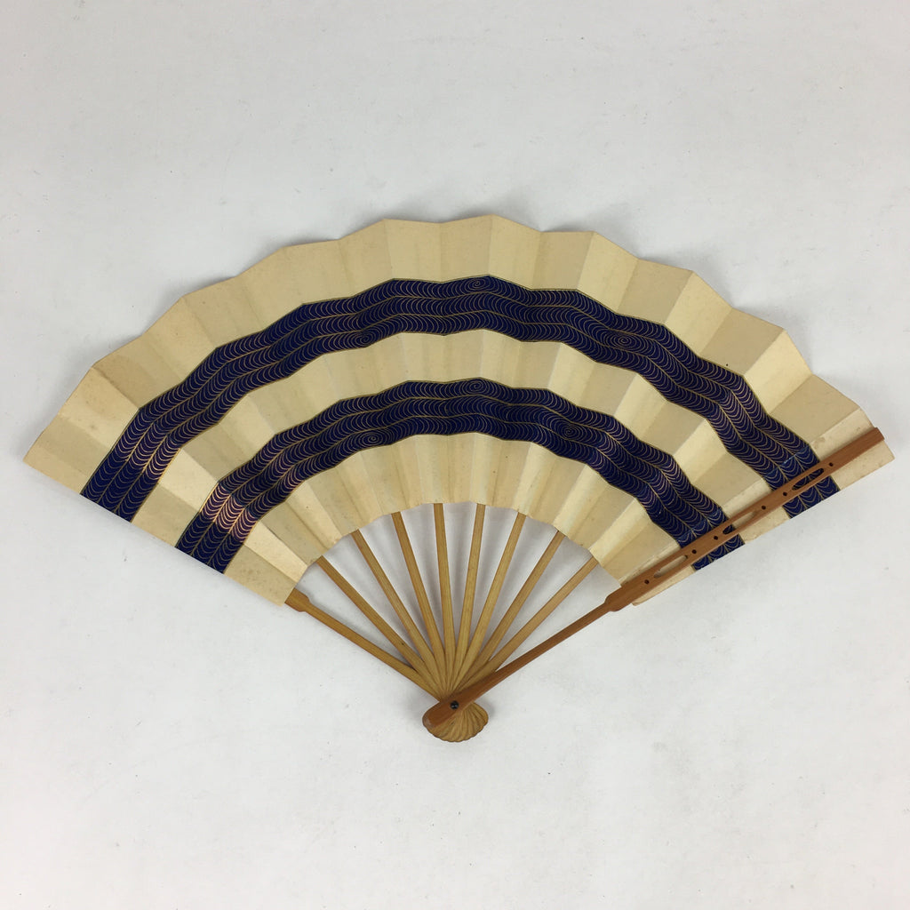 Japanese Folding Fan Vtg Sensu Paper Bamboo Frame Blue Waves 4D627